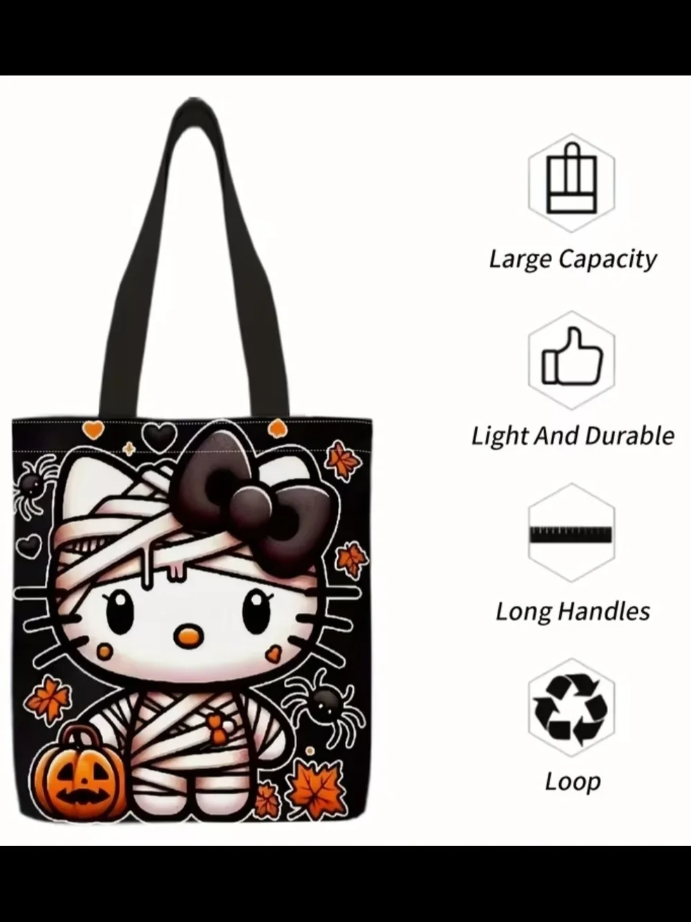 Black Halloween Kitty Tote Bag with Pumpkin